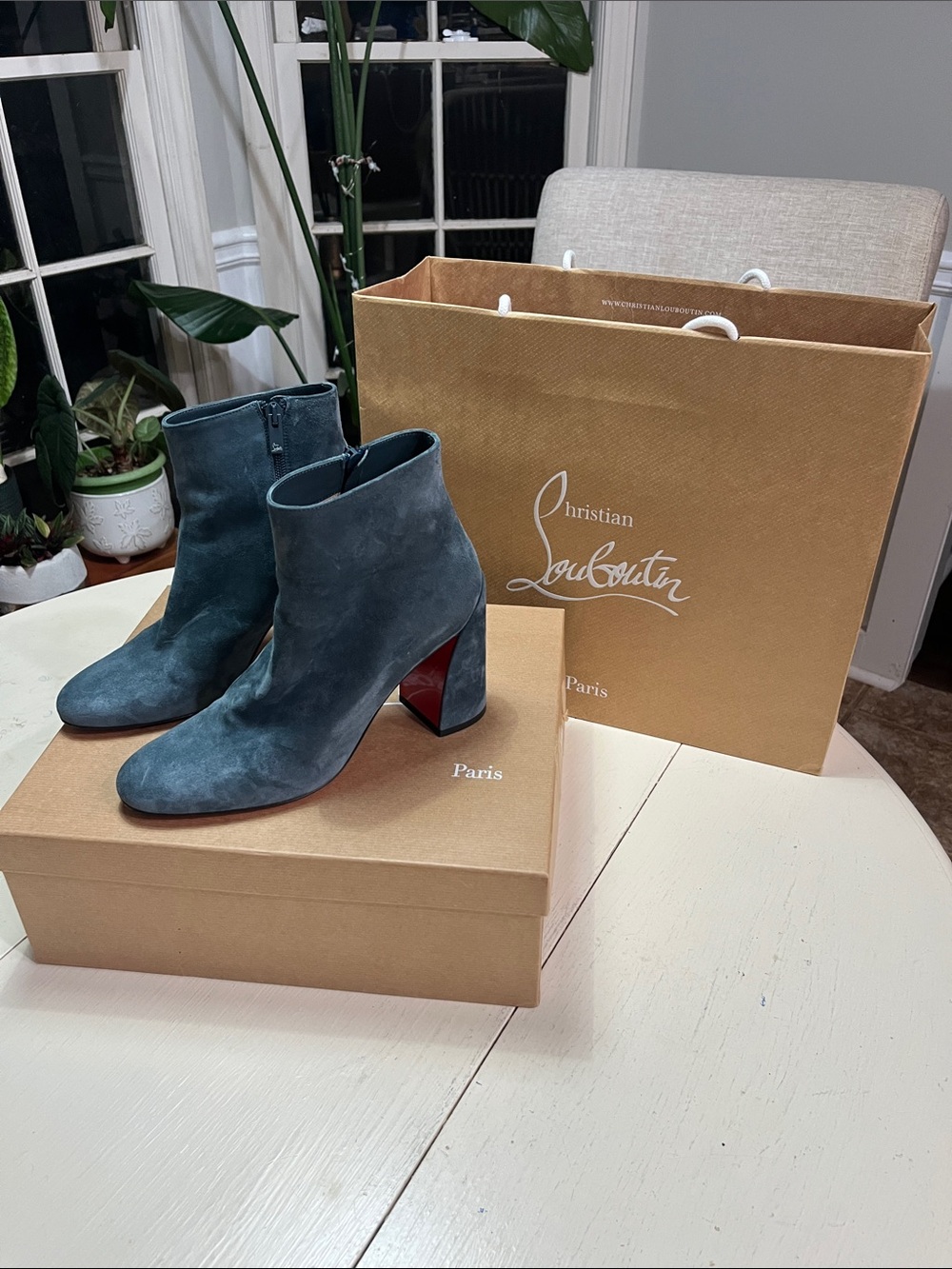 Christian Louboutin Teal Suede Ankle Booties with Red Sole
